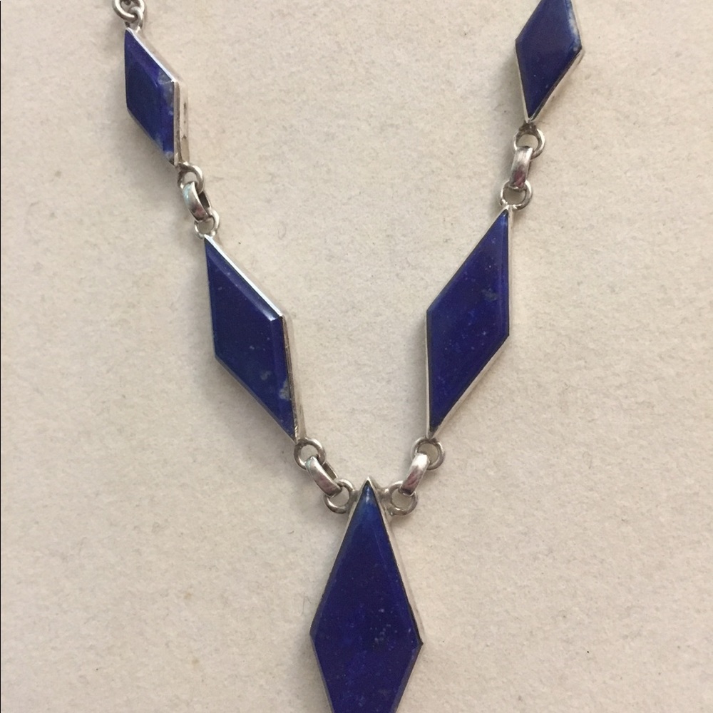 Vintage South American lapis diamond 925 silver necklace - Picture 3 of 8